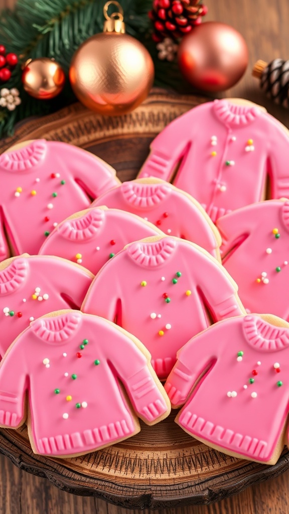A plate of pink Christmas ugly sweater cookies decorated with icing and sprinkles, set against a festive holiday backdrop.
